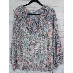 Maurices XL Blouse snake print gold foil Sheer Lined Charcoal Pink Ruffle V Neck